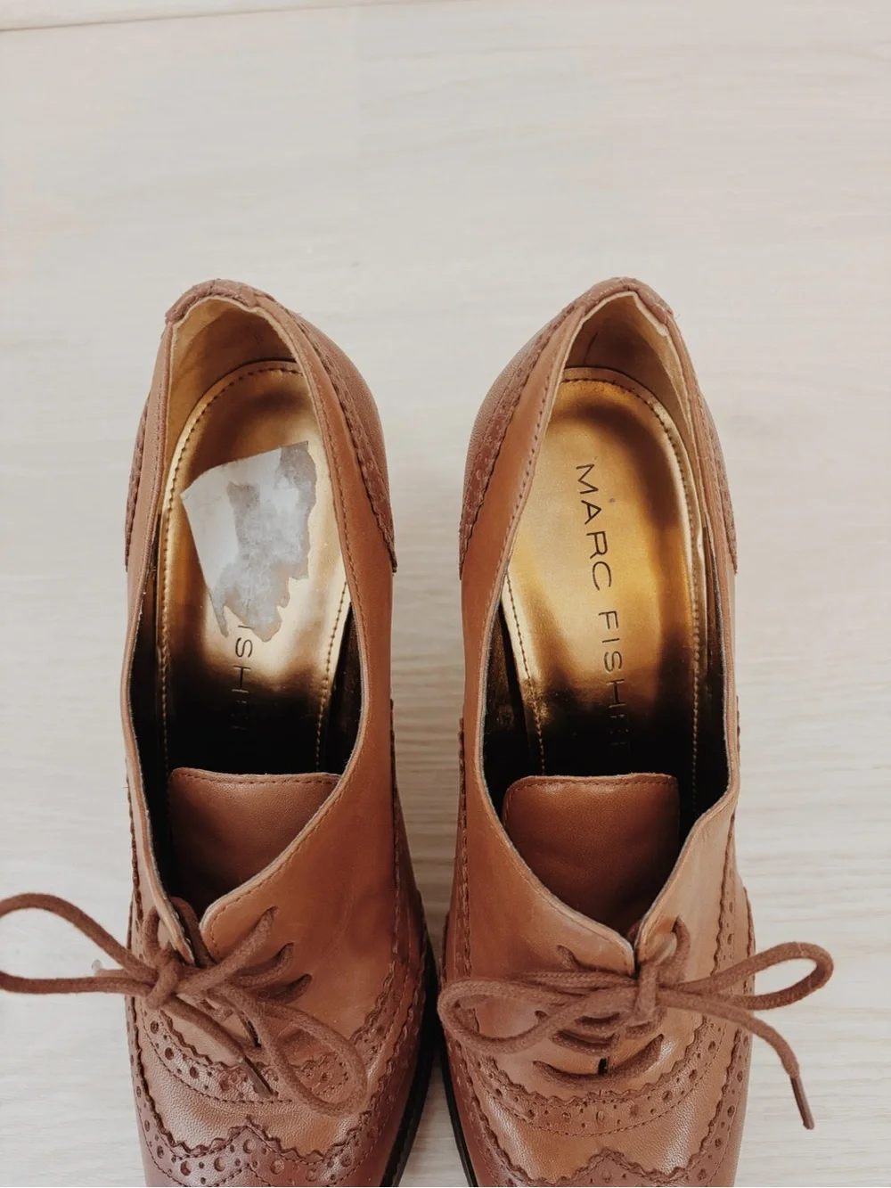 Marc Fisher Vintage Tan leather lace up brogue heels, coquette 40s style heels